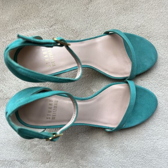 Stuart Weitzman Nudist Turquoise Teal Suede Stiletto Heeled Sandals Women 5 M - Picture 8 of 16